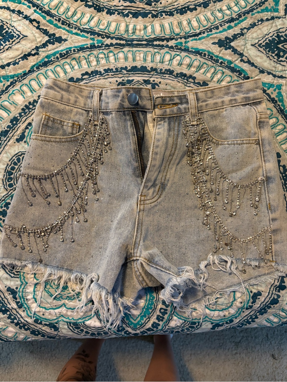 High-Rise Light Blue Embellished Denim Shorts with Rhinestone Fringe